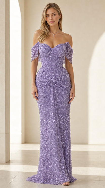 Front view of lavender off-shoulder sequin evening gown
