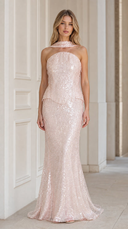 Front view of pink sequin mermaid evening dress with matching scarf