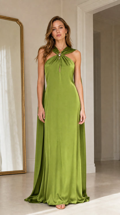 Front view of olive green satin halter maxi dress with back drape