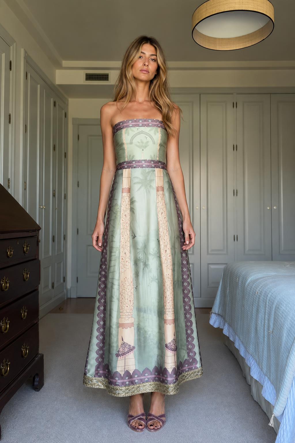 Front view of model wearing Sage Green strapless maxi dress