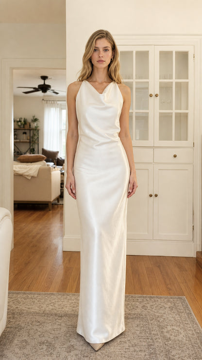 Front view of model wearing white satin cowl neck maxi dress
