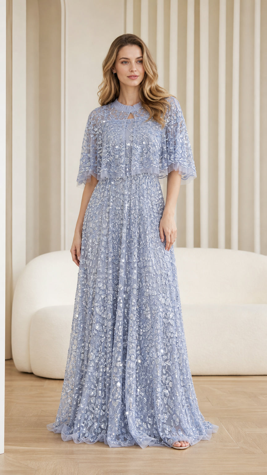 Front view of light blue sequin maxi dress