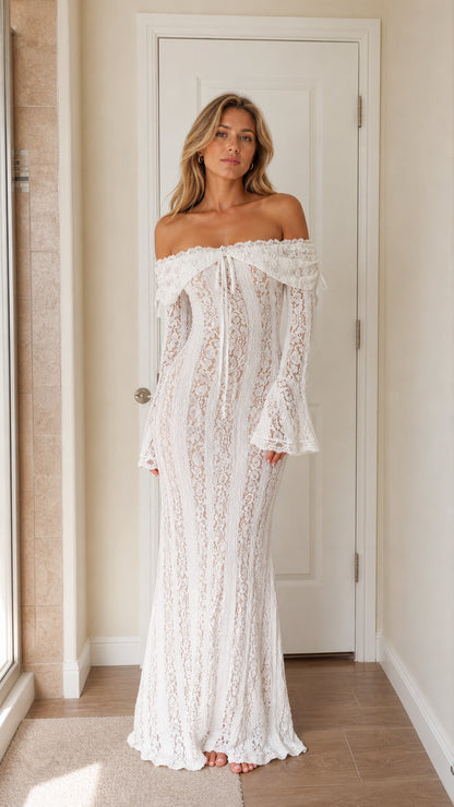 Full front view of a woman wearing a white off-shoulder lace maxi dress