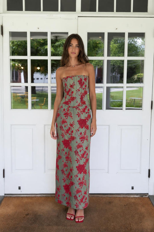 Floral Print Strapless Lace-Up Back Maxi Dress in Sage Green front view