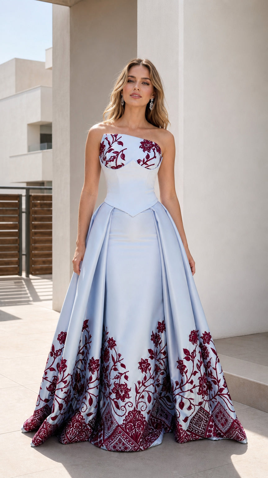 Powder blue strapless floral ball gown shown from the front