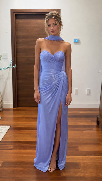 Lavender ruched halter maxi dress with front slit shown from the front