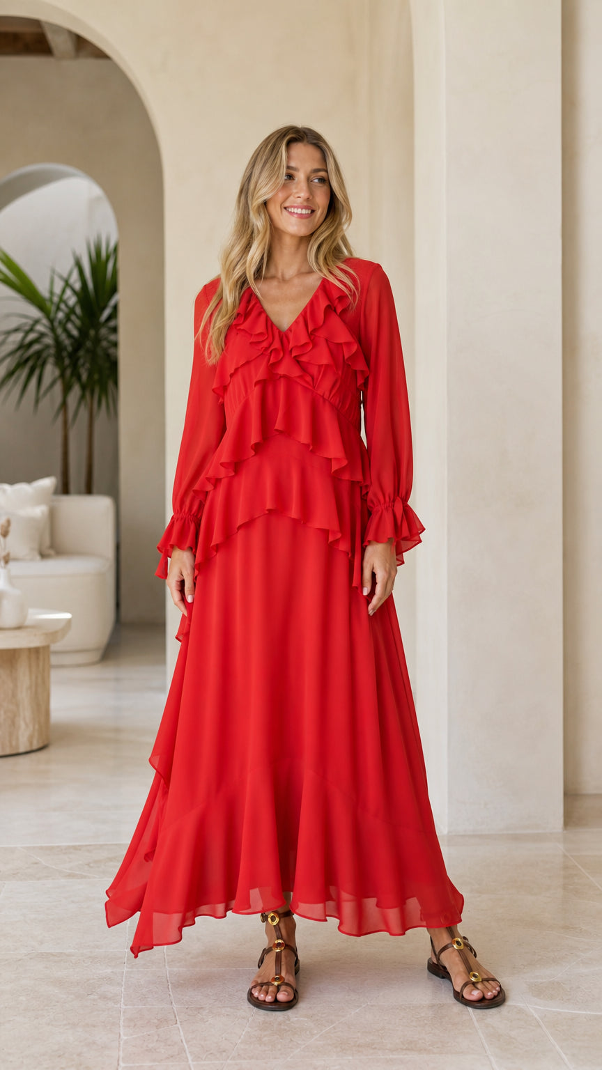 Model wearing red tiered ruffle long sleeve maxi dress front view