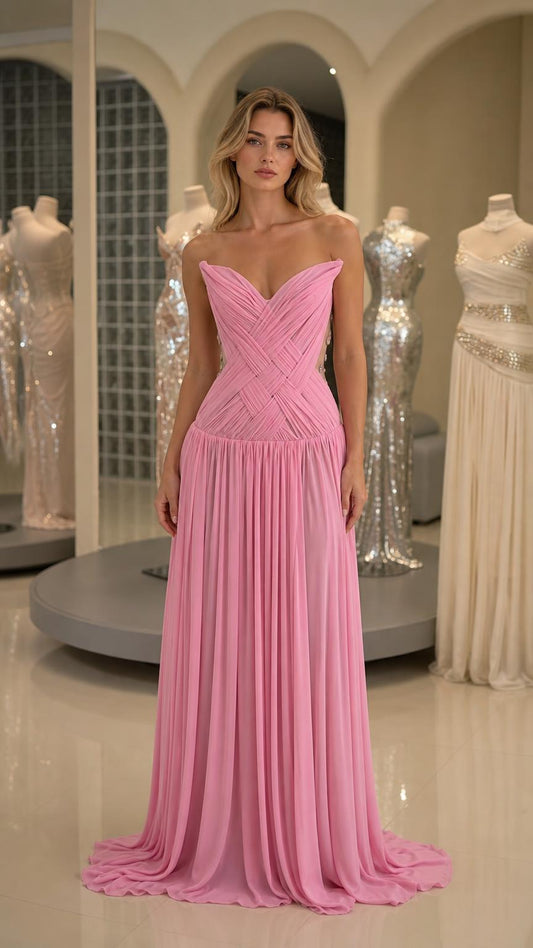 Front view of pink pleated strapless evening gown