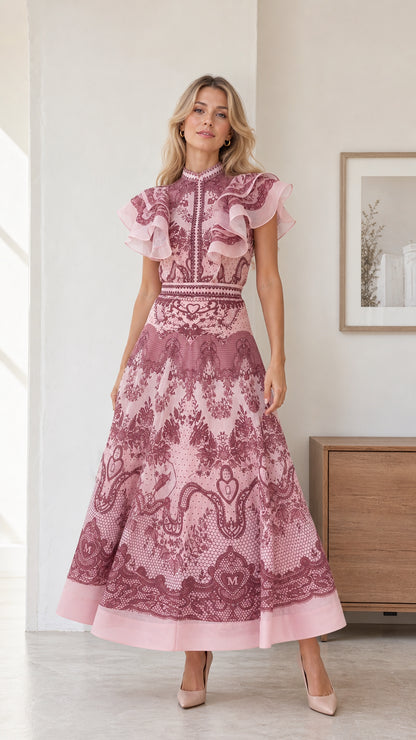 Full front view of model wearing pink ruffle midi dress