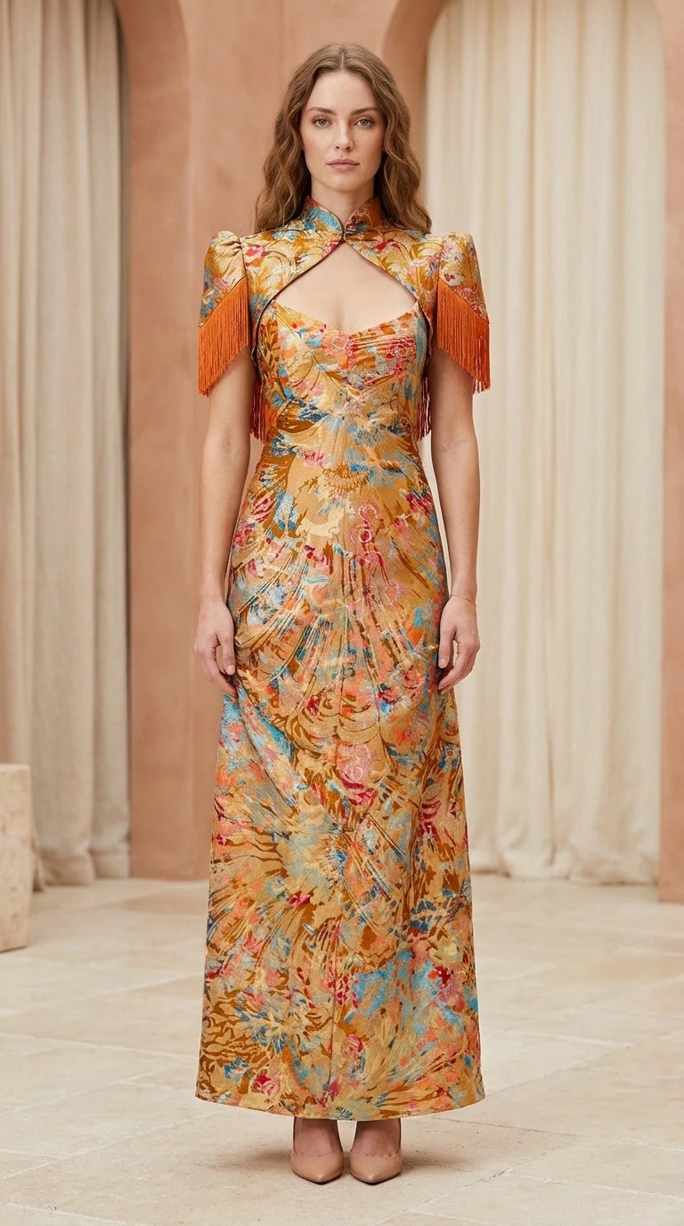 Front view of model wearing gold mandarin collar floral brocade maxi dress