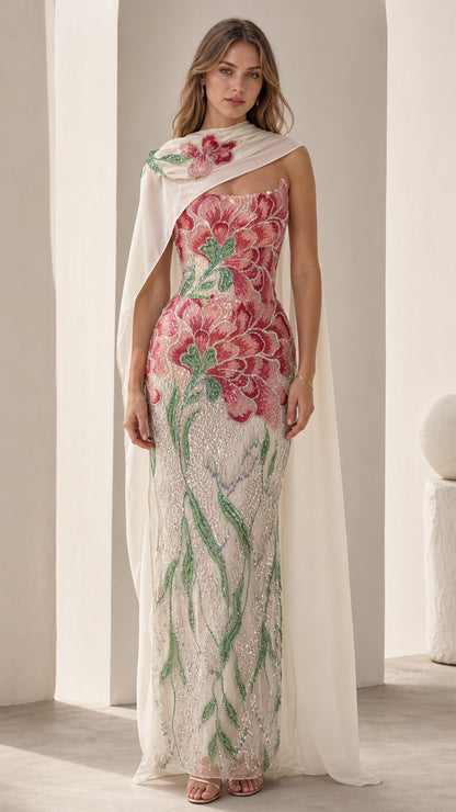 Front view of white embroidered floral strapless evening gown with cape