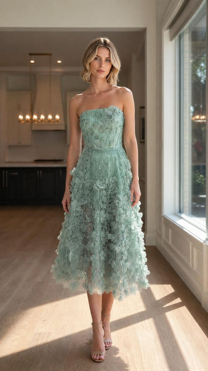 Front view of sage green strapless 3D floral midi dress