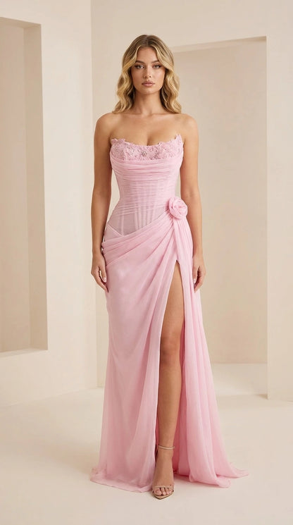 Front view of model wearing the pink strapless corset evening gown