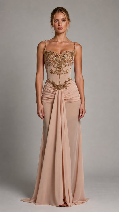 Front view of nude embellished corset evening gown