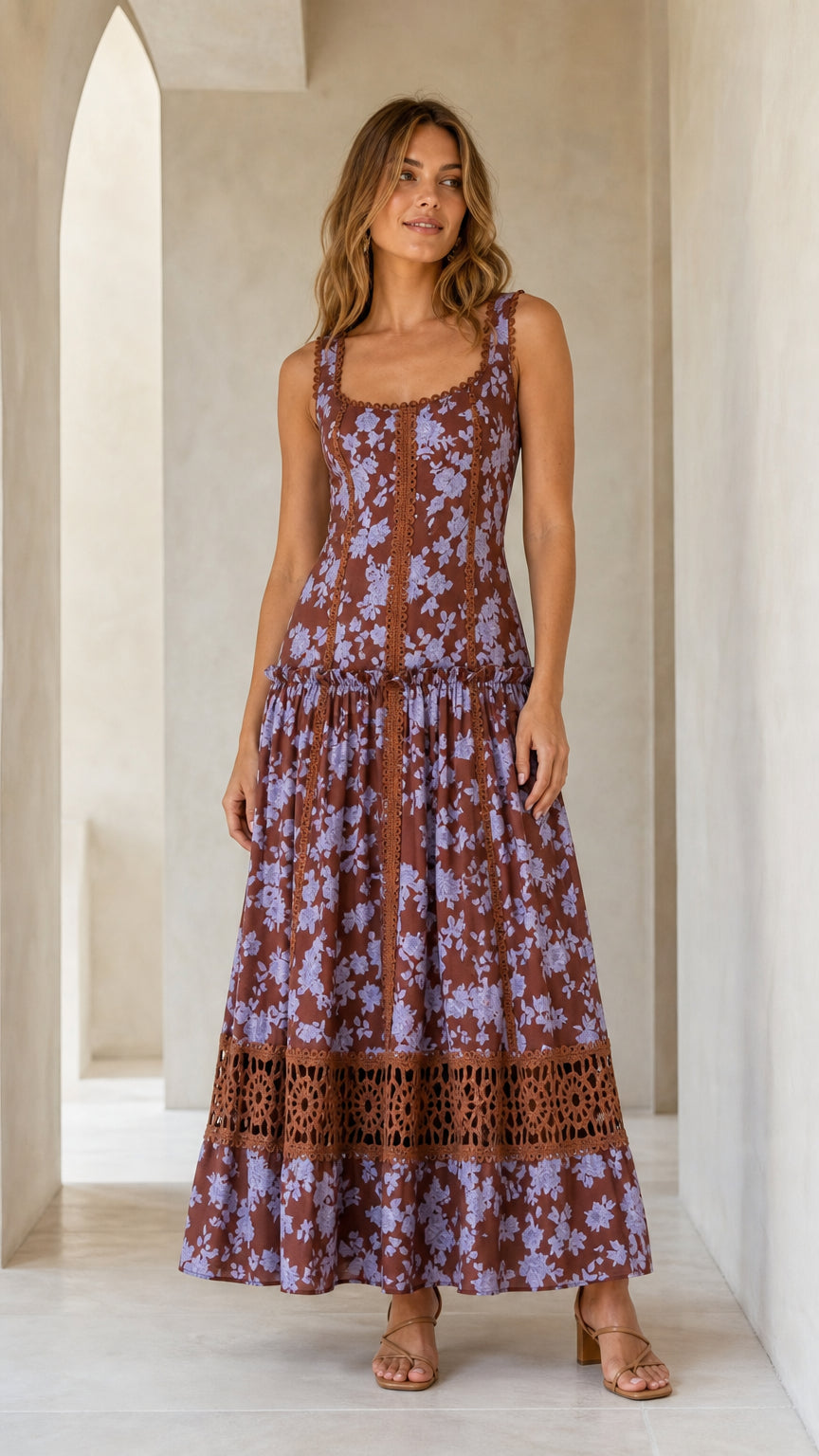 Front view of brown floral boho maxi dress with crochet lace trim