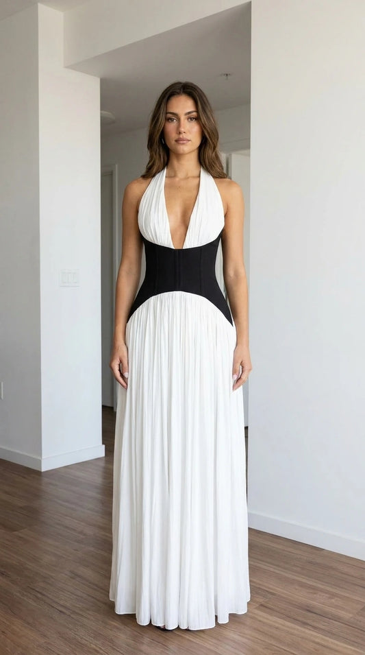 Front view of white halter pleated maxi dress