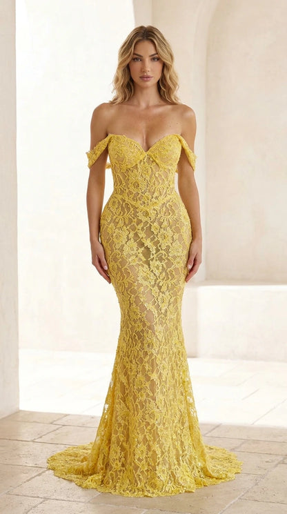 Front view of yellow off-the-shoulder lace mermaid evening gown