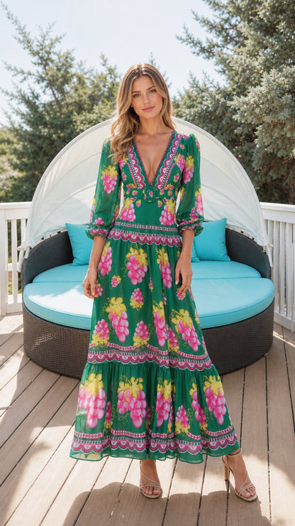 Front view of woman wearing green floral maxi dress on wooden deck