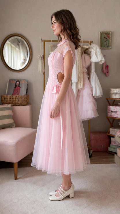 Pink lace midi dress side profile view