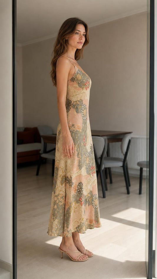 Side view of woman in beige floral slip dress with heels