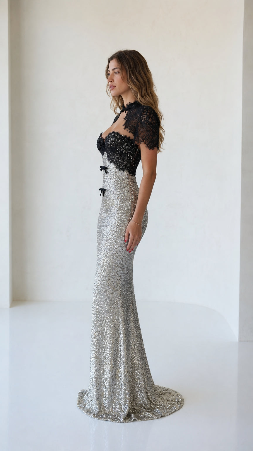 Side profile of silver sequin evening gown