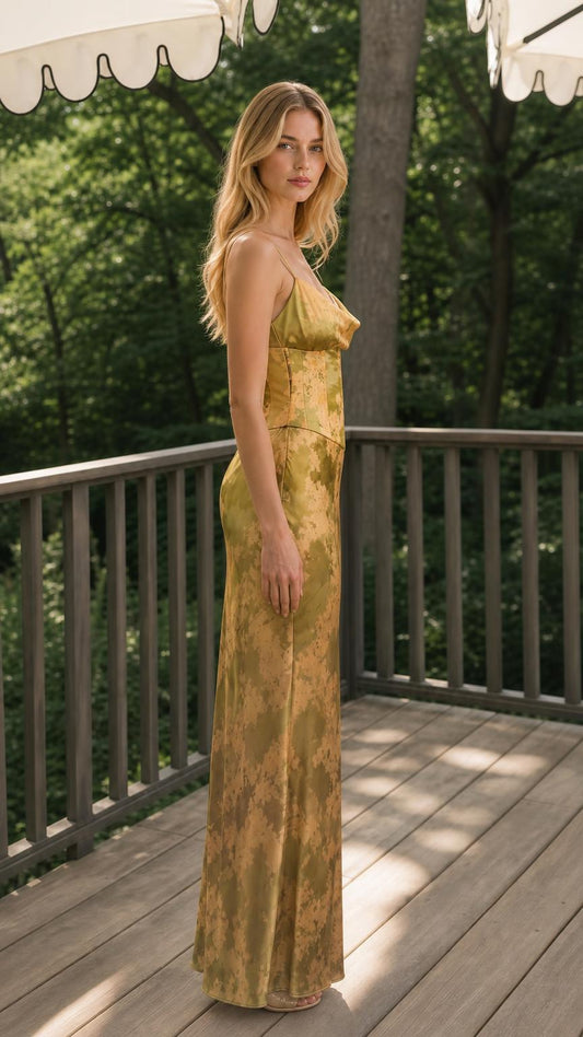 Side view of olive green corset maxi dress