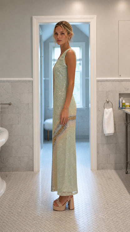Side profile view of mint sequin maxi dress