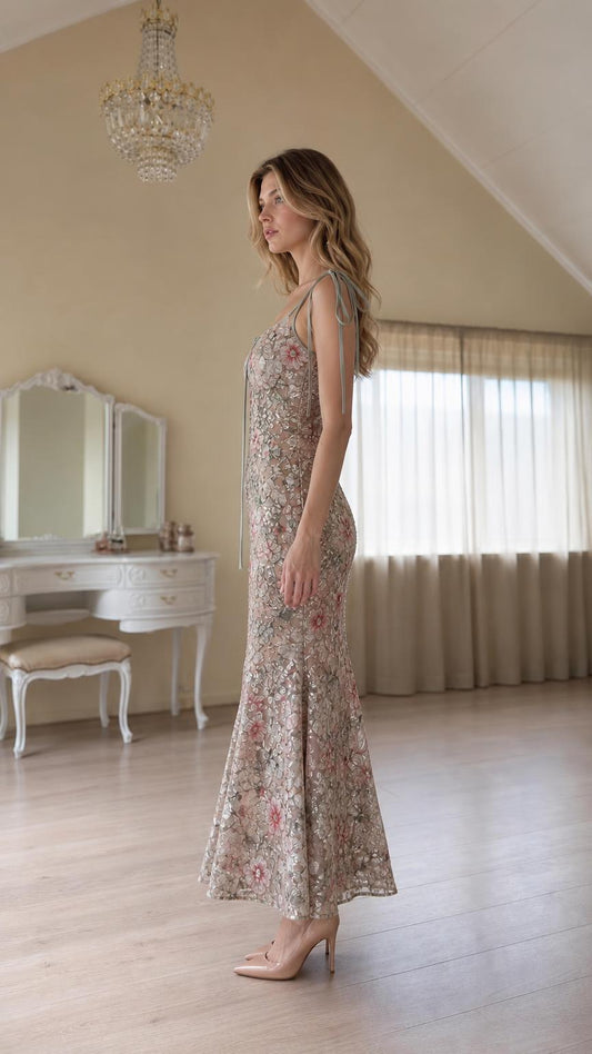 Side profile view of champagne floral sequin maxi dress