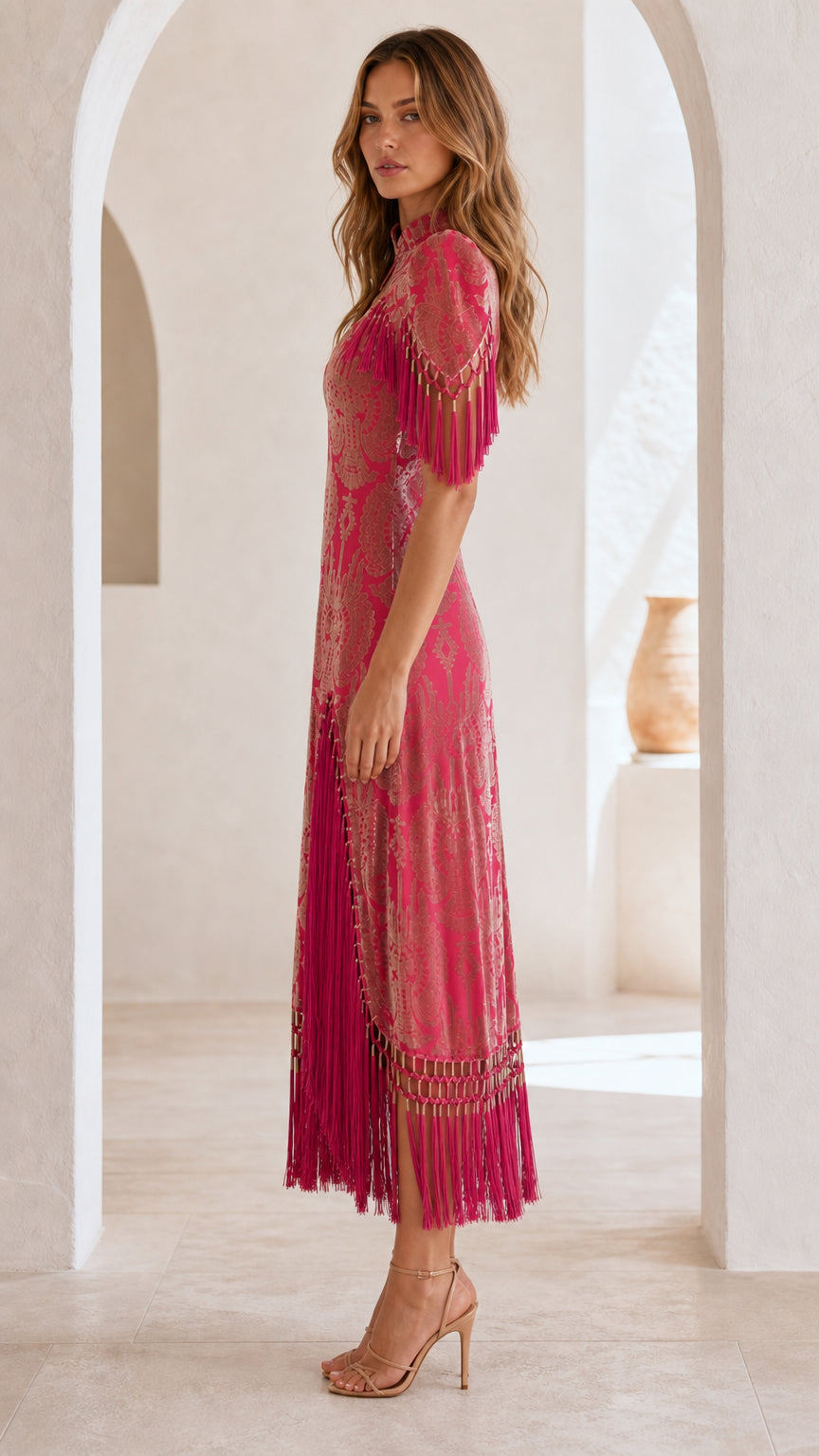Elegance Fringe Embellished Damask Midi Dress in Hot Pink side profile