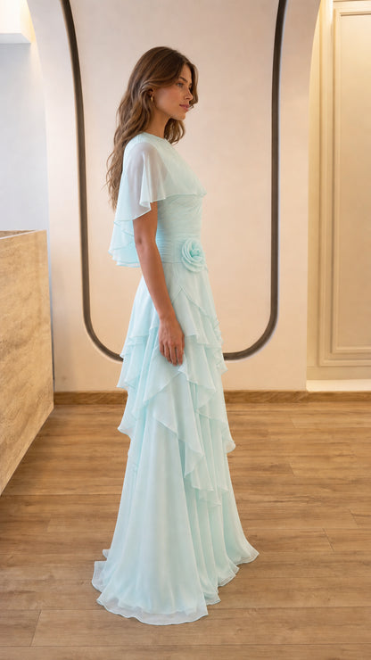 Side profile of light blue evening gown