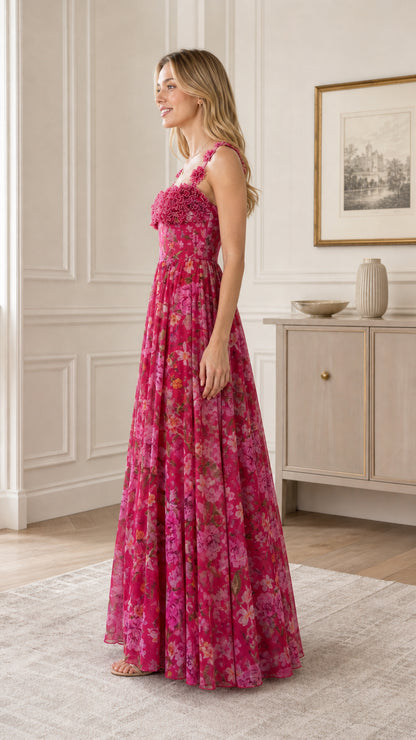 Floral Ruffle Applique Maxi Dress in Fuchsia side profile