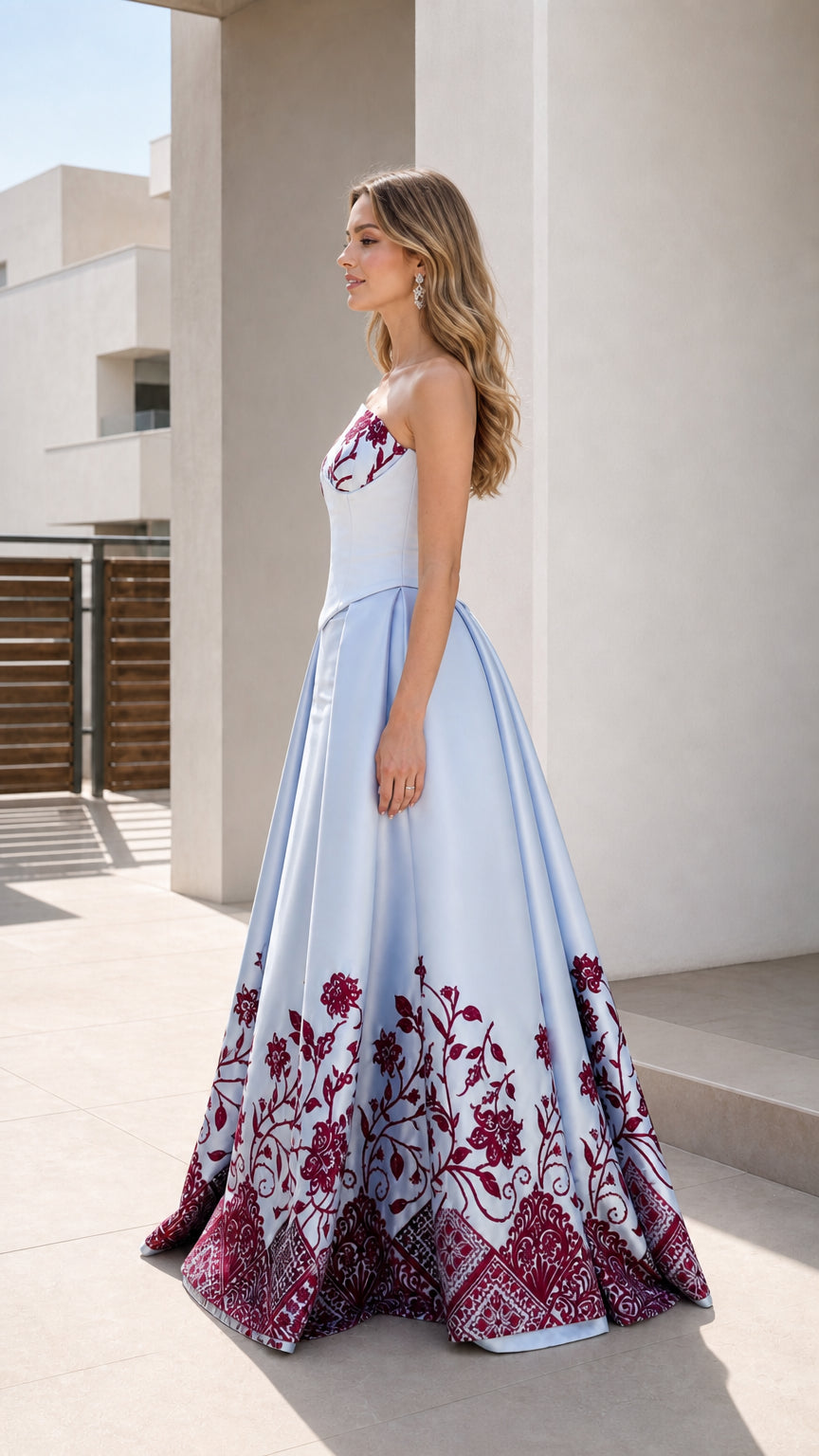 Powder blue floral evening gown shown from the side