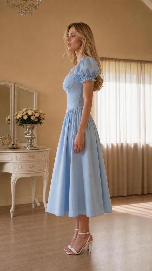 Side profile view of light blue puff sleeve midi dress