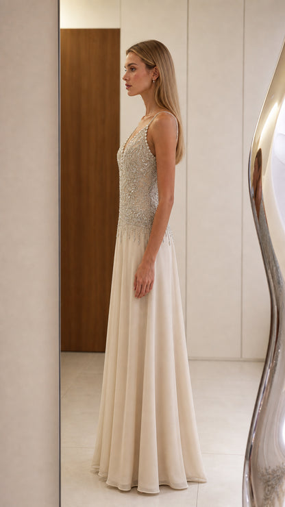 Side profile view of champagne evening gown