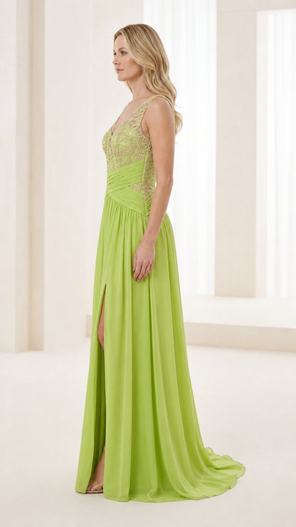Side profile view of lime green evening gown showing flowing chiffon skirt