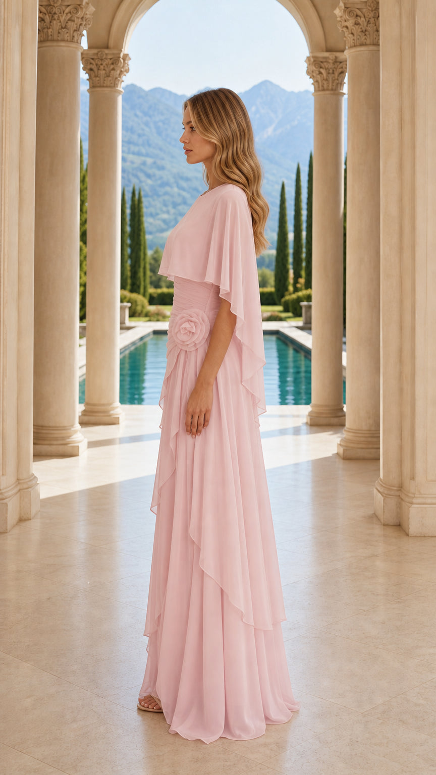 Side profile of pink chiffon evening gown