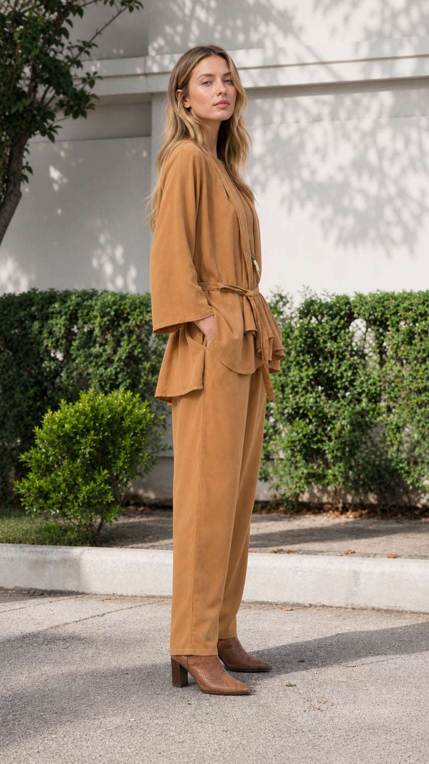 Woman wearing camel two-piece set from the side profile