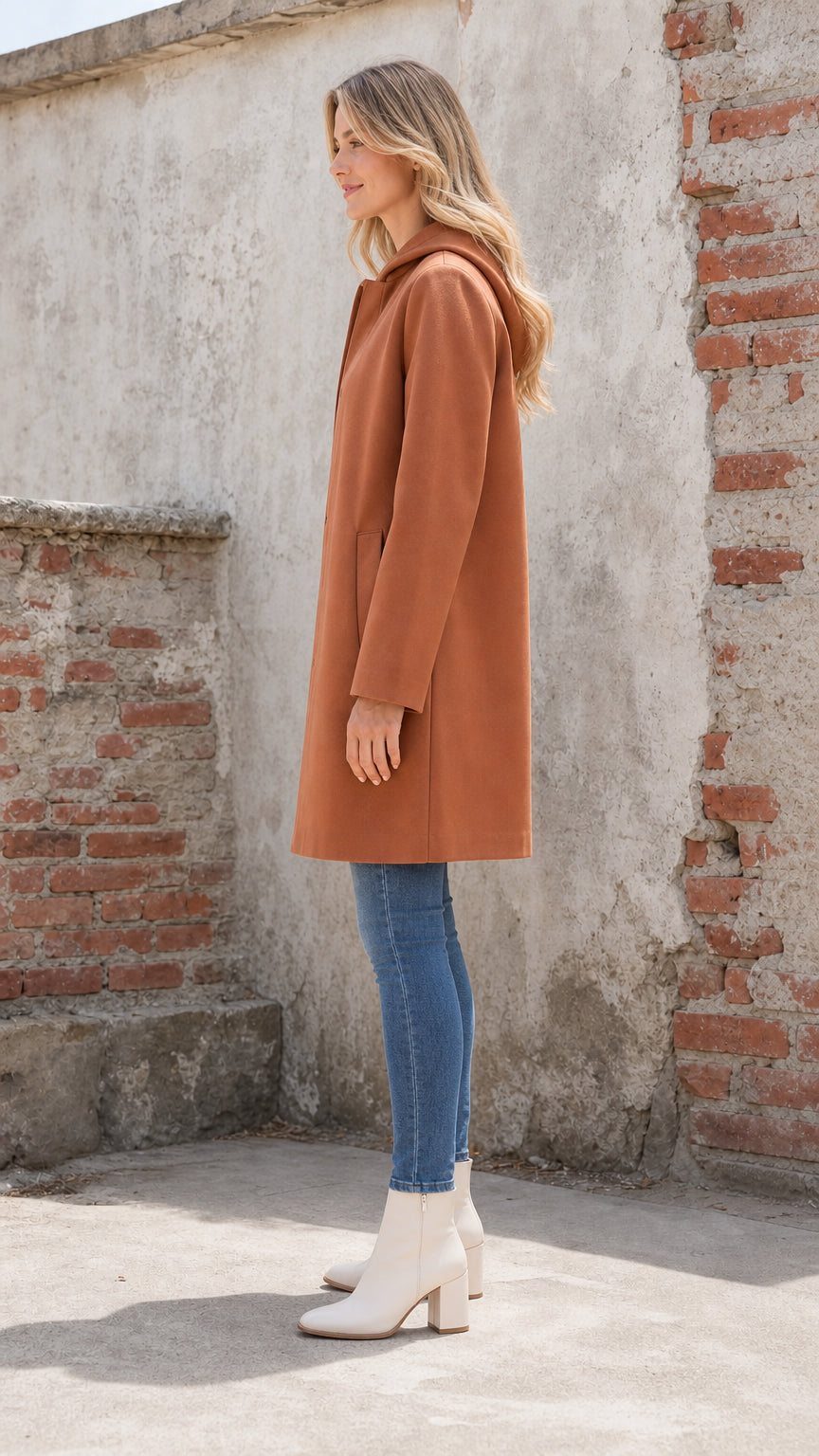 Side profile view of woman wearing rust hooded coat
