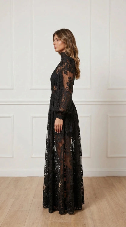 Side profile of black lace long sleeve dress
