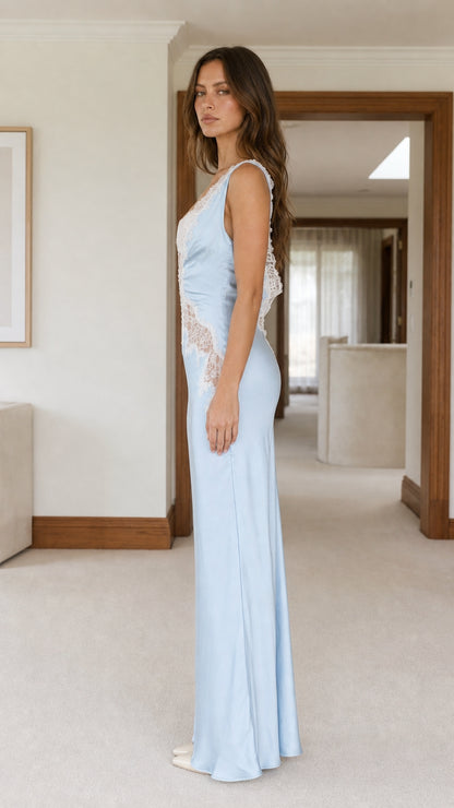 Side view of light blue satin lace slip dress