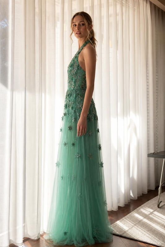 Side view of green tulle evening gown