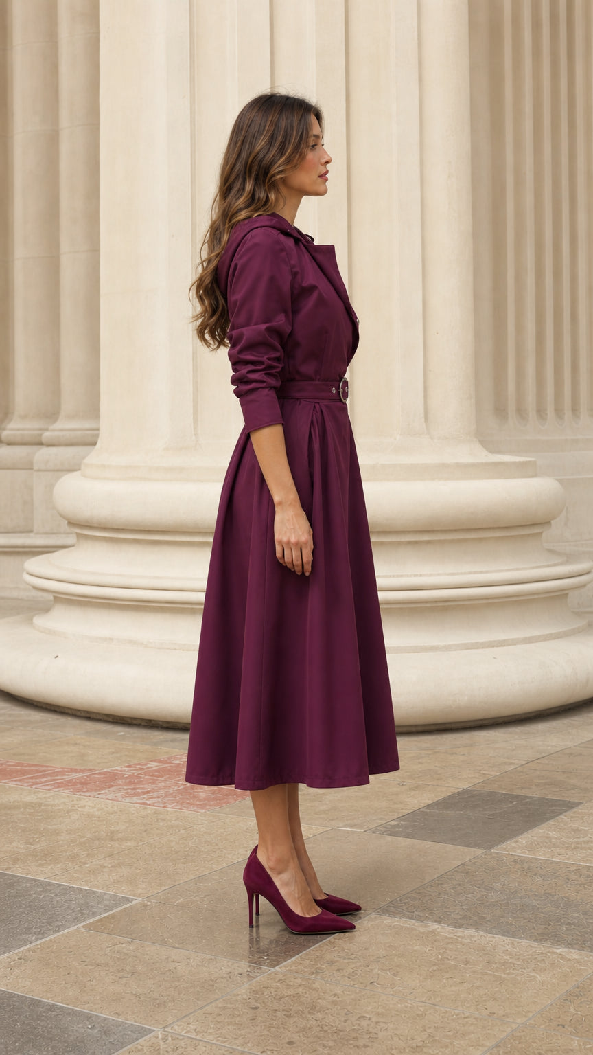 Side profile of woman in plum hooded trench dress