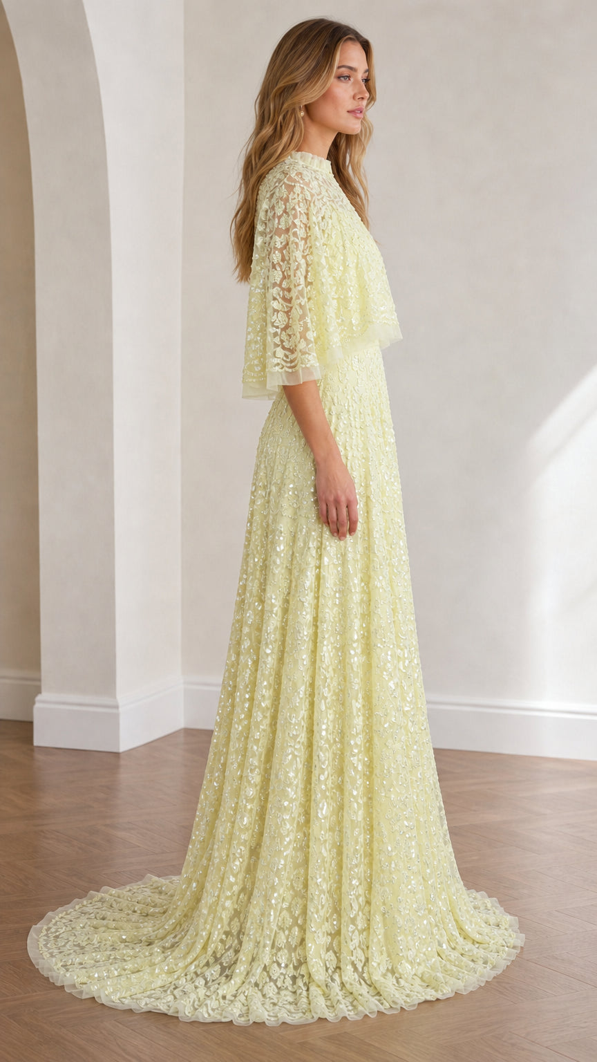 Side profile view of yellow evening gown