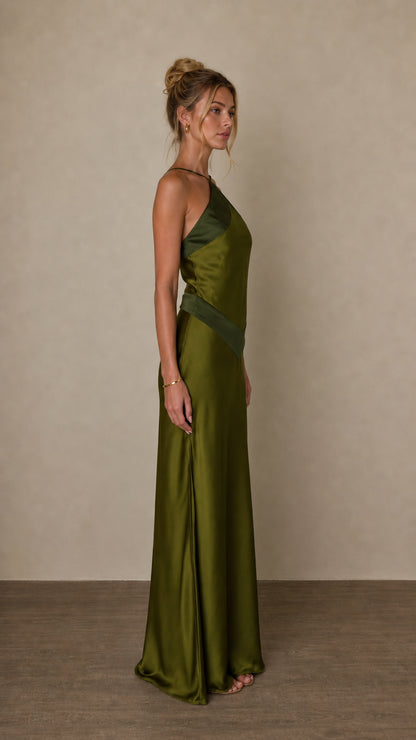 Side profile view of olive satin maxi dress