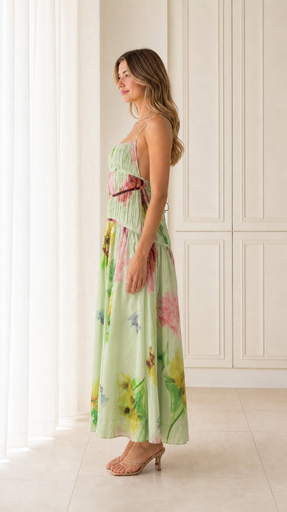 Side profile view of Light Green floral maxi dress