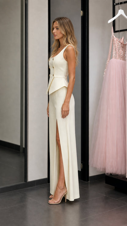 Side profile of model wearing ivory two-piece set