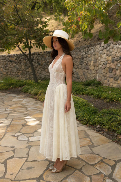 Side profile view of Cream Halter Lace Maxi Dress