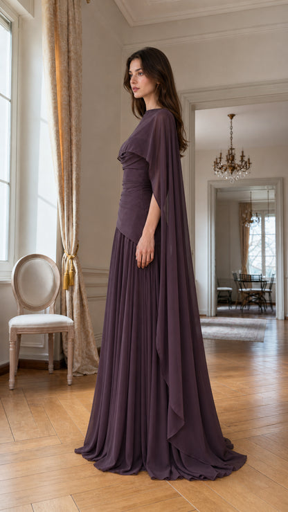Side profile view of Plum cape maxi dress