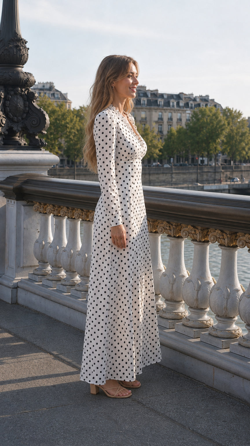 Side profile of white polka dot maxi dress