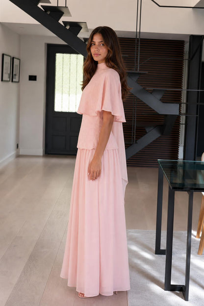 Elegance Cape Overlay Mock Neck Maxi Dress in Pink side view